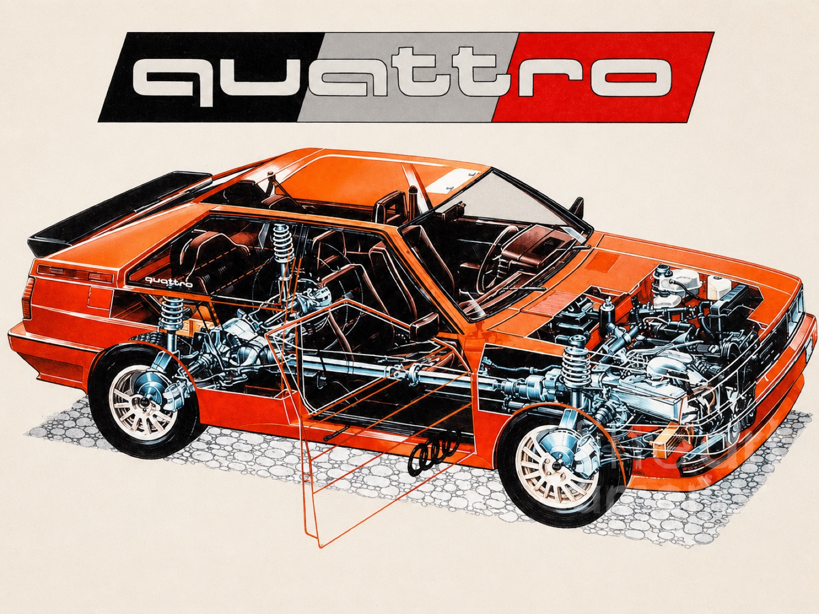 Historische Technikzeichnung eines Audi quattro